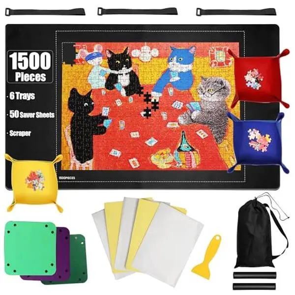 Jigsaw Puzzle Mat Roll Up, Saver Pad 46” x 26” Portable Keeper Up to 1500 Pieces 6 with Non-Slip Rubber Bottom Sorting Trays, Storage Bag, 50 Puzzle Saver Sheets & Scraper Tool