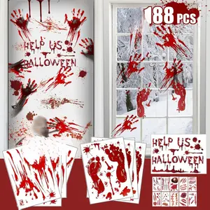188PCS Halloween Decorations Window Clings 9 Sheets Bloody Handprint Footprint Wall Decal Floor Clings with Tattoo Stickers Scary Halloween Party Decorations