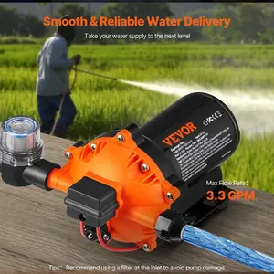 VEVOR Water Diaphragm Pump, 12V DC, 5.5 GPM Flow, 70 PSI Rated Pressure (40 - 100 PSI Adjustable), 1/2 MNPT Self Priming Sprayer Pump with Pressure Switch for RV Camper Marine Boat Lawn, FCC CertifiedVEVOR Super Brand Day