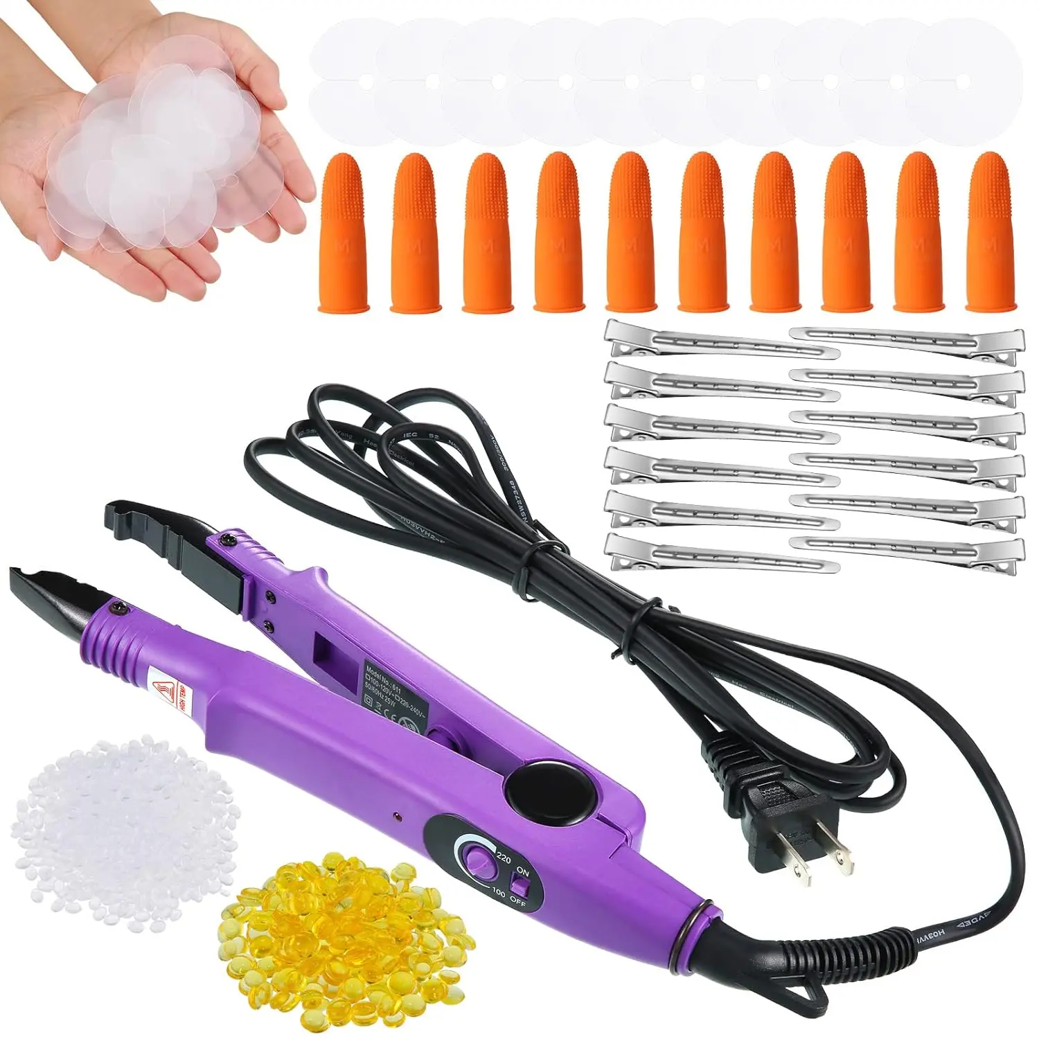 Hair Extensions Iron Fusion  Hair Extensions Heat Tool Heat Connector Wand with Fusion Glue Protector Template Hair Clip Finger Protector 2 Bag  Glue Granule Bead()