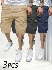 3pcs Men’s Casual Loose Cargo Shorts – Large Pockets & Letter Print, Machine Washable Non-Stretch Fabric, Durable Design, Outdoor Style, Street Fashion, Summer Wardrobe Essential, Top Gift Choice