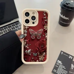 2026 Roses & Silver Butterflies Phone Case for iPhone X/XS XS Max 11 12 13 14 15 16 Pro Max Plus, Anti-Drop Protector Compatible with