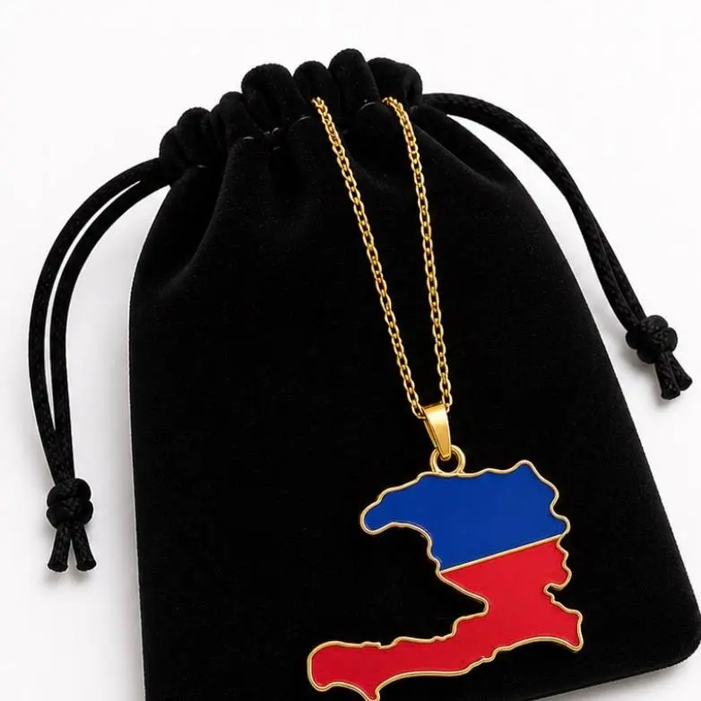 Haiti Flag Necklace  | Gold Chain Map Pendant (Haitian Pride Jewelry)