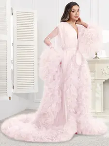 1pc Sheer Long Elegant Mesh Fabric Dress, Knot Ruffle Hem Pregnant Dress, Loose Fit, Suitable for Bridesmaid, Wedding