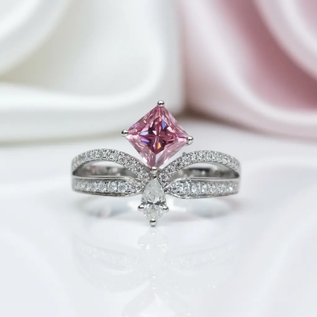 18K White Gold 1ct Princess Cut Pink Diamond Option Crown Engagement Ring