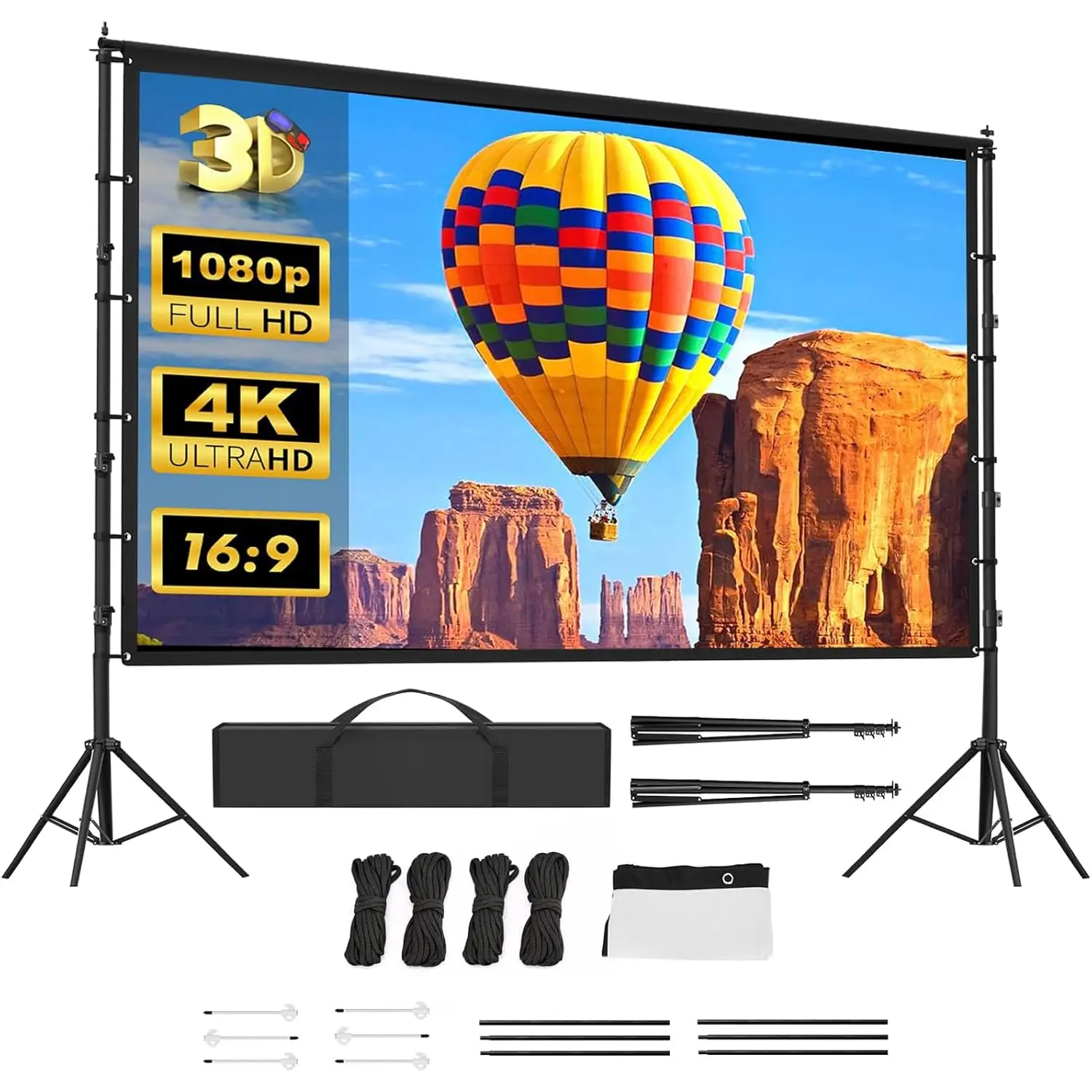 150in Projector Screen with Stand,Portable 16:9 4K HD Indoor Outdoor Projection Screen with Wrinkle-Free Design, Ideal for Home Theater and Backyard Cinema - Includes Carry Bag