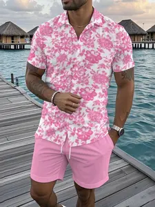 Men's tropical floral print shirt and shorts Matching two-piece set, regular fit casual short sleeved collar top and shorts, beach vacation men's summer clothing