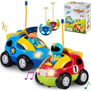 Prextex 2 Pack Cartoon te Control Cars for Toddlers - Police Car and Race Car with Steering Wheel Controllers and Lights - Different Frequencies So Both Can Race Together - Toddler Gift 18+ Months