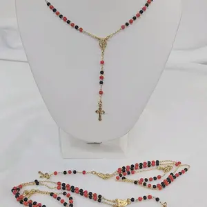 Rosary Necklace Goldfield with Red  Black Beads and Cross Charm