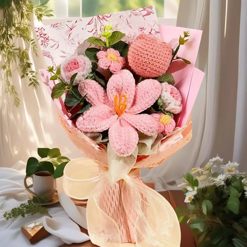 Handmade Yarn Flower Crochet Bouquet, Tulip Rose Flowers, Finished Craft Decorations, Perfect for Home & Garden, Unique Gift Idea, Knitted Artificial Flowers
