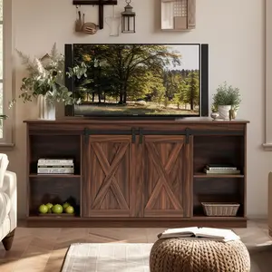 Farmhouse Mid Century Modern TV Console Table with Storage Cabinets and Sliding Barn Doors,Brown Entertainment Center for 65 Inch TV,Living Room,65-inch solid wood TV cabinet with double-layer storage space sliding door, modern living room furniture