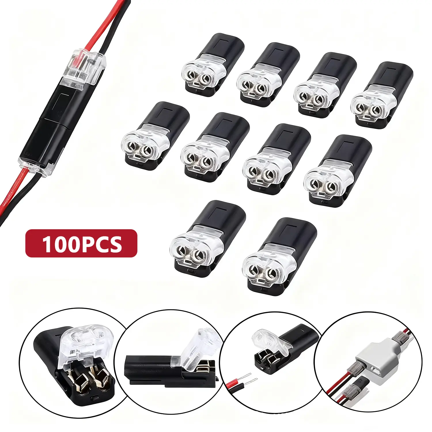 100-Pack Quick-Clip Fasteners, Multi-Purpose Snap-On Blocks for DIY Crafting, Low Voltage Wire Connector with Locking Buckle, No-Tool Plastic Connectors