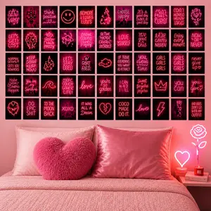 Room Decorating Kit for Girls - 50 PCS Pink Neon Aesthetic Posters Set – VSCO Room Decor, Photo Wall Collage Kit for Teen Girls, Dorm & Bedroom (4x6 Inch)