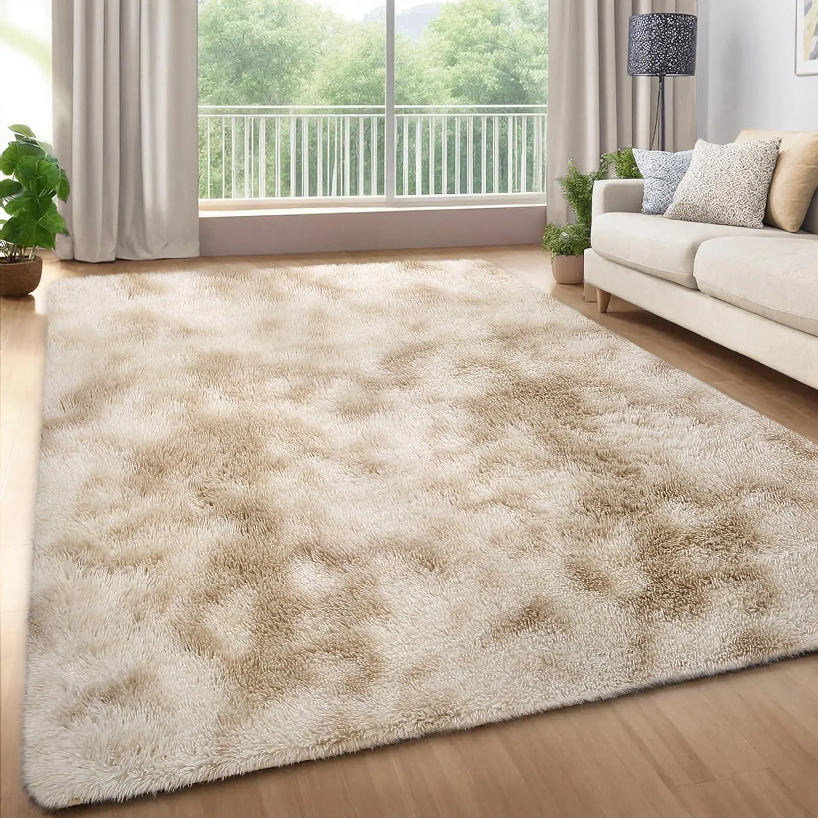 Shag Area Rugs for Bedroom Living Room, Ultra Soft Fluffy Area Rugs for Dorm, Indoor Carpet Nursery Rugs for Kids Girls Room Home Decor (Tie-dye Light Brown)