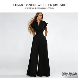 2026 Spring Black Solid Jumpsuit | V-Neck Cap Sleeve High Waist Wide Leg Jumpsuit