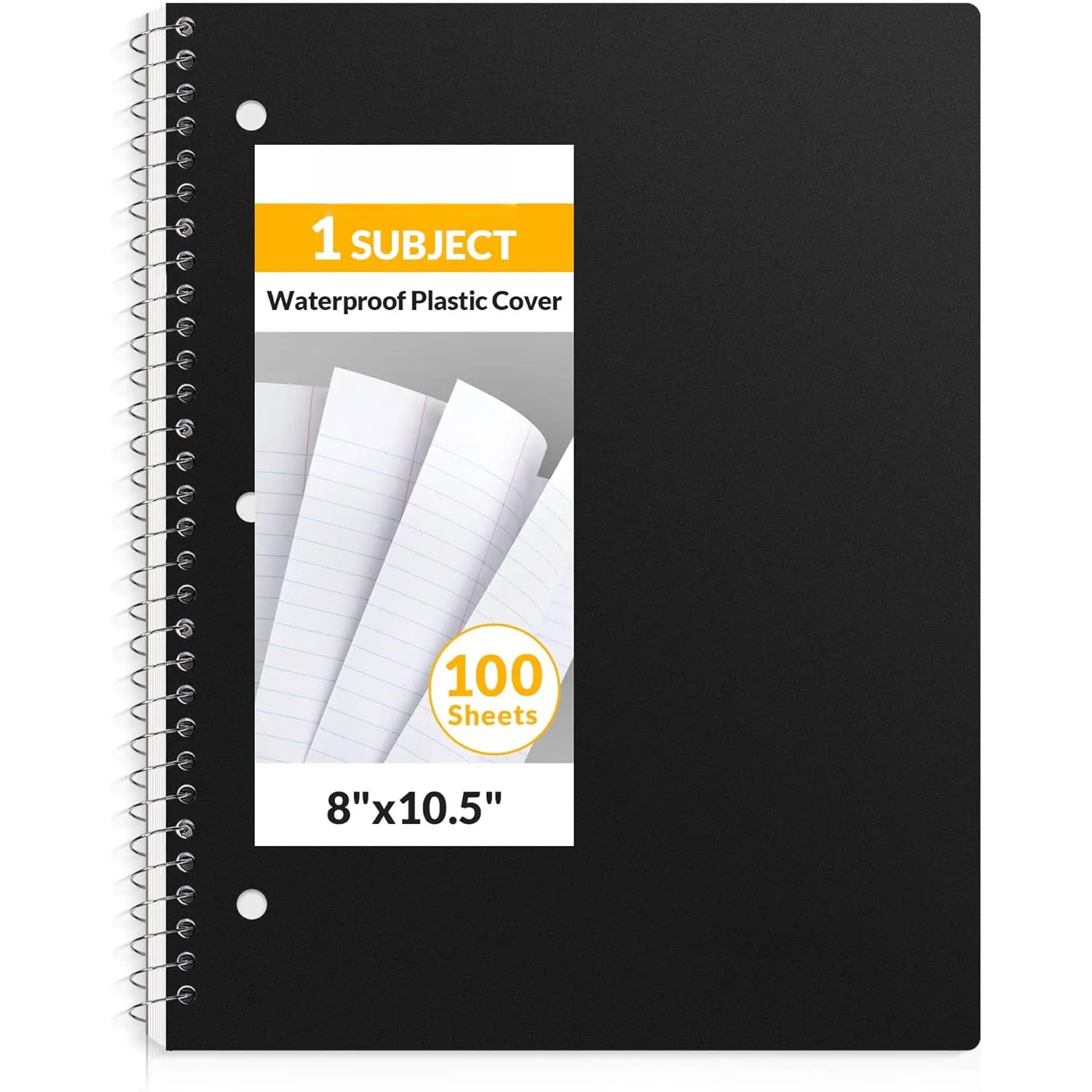Spiral Notebook, 1-Subject, College Ruled Paper, 8" x 10-1/2", 100 Sheets per Notebook, 3-Hole Punched Paper, Water Resistant Cover, Double-sided Pockets, Spiral Lined Notebooks for Work, Black