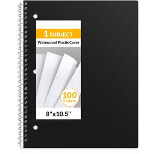 Spiral Notebook, 1-Subject, College Ruled Paper, 8" x 10-1/2", 100 Sheets per Notebook, 3-Hole Punched Paper, Water Resistant Cover, Double-sided Pockets, Spiral Lined Notebooks for Work, Black