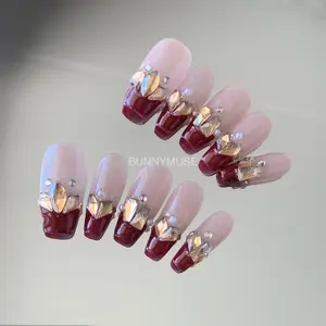 [BunnyMuse] Handmade Press on nails Golden Gem Nude Short/Medium/Long | Simple Short Acrylic Nails french tip coffin nails Red Nails glossy Nails french tip Nails Elegant Nails Cute short Nails medium length Nails  long nails french nails