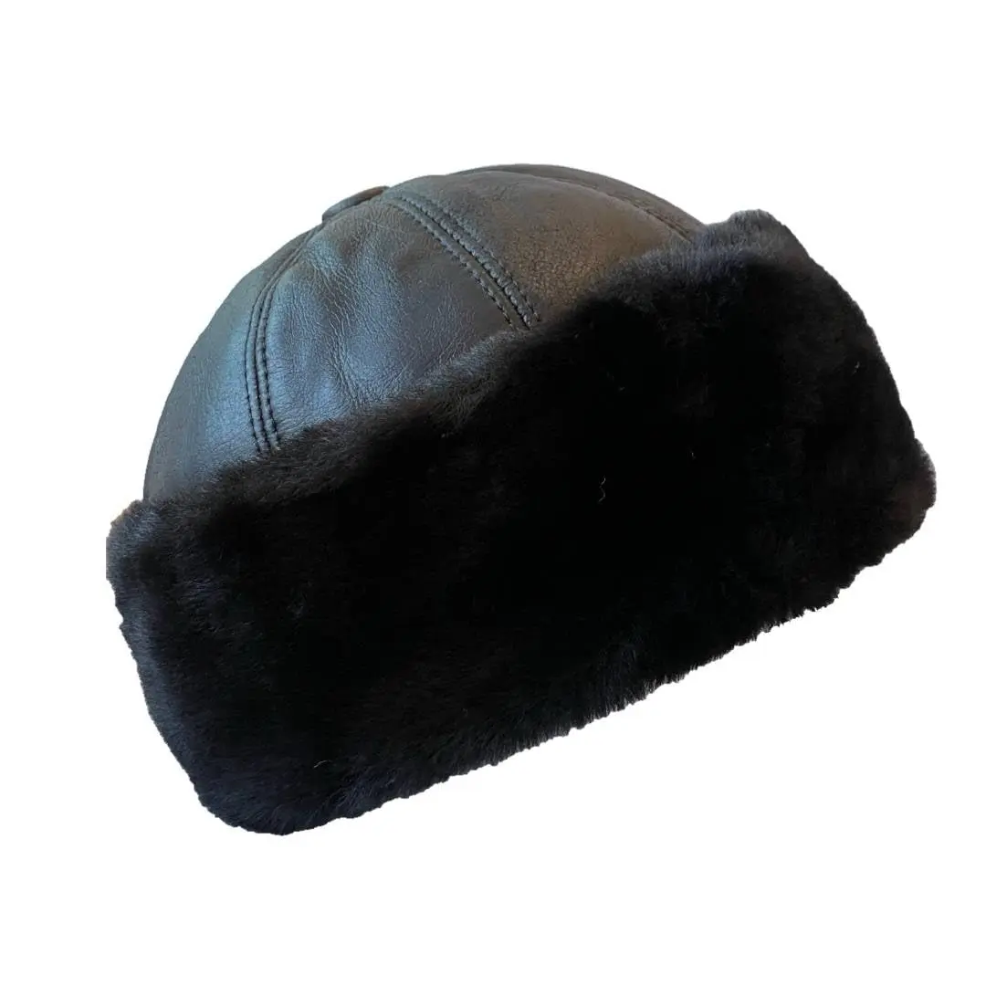 Unisex Shearling Sheepskin Winter Beanie - Handmade Turkish Leather Docker Hat with Ear Flaps, Rolled Cuff, Retro Cognac Design, Multi-Size (XXL Available) for Everyday Outdoor Wear, Forehead Protection