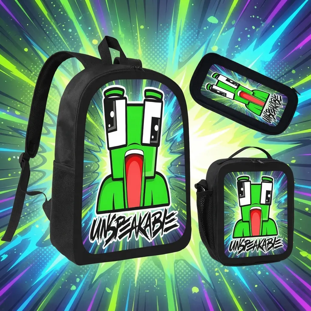 Graffiti Unspeakable Green Character 3Pcs Backpack Set, 17 Inch Kids School Bookbag with Lunch Bag & Pencil Case, Game Style Oxford Rucksack, Trendy Character Backpack Gift For Young Fans