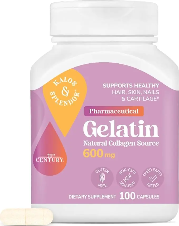 Kalos & Splendor Pharmaceutical Gelatin 600mg Natural Collagen Source 100 Capsules Supports Healthy Hair Skin Nails & Cartilage