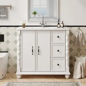 ONBRILL Bathroom Vanity with Sink Combo, Modern Bathroom Vanities with Adjustable Shelf, 4 Solid Legs, 2 Drawers, 2 Doors, Ceramic Integrated Sink, Freestanding Bath Storage Cabinet