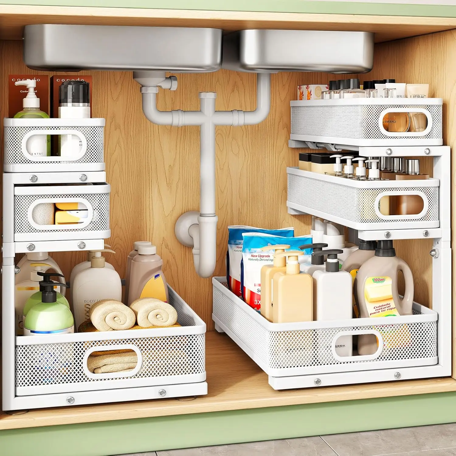 Under Sink Organizer, 2-Pack 3-Tier Height Adjustable Thickened Metal Pull out Cabinet Organizer Shelf, Slide out Storage Drawer Rack for Bathroom Kitchen Pantry  Laundry Organization