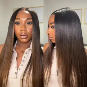 Nadula Black To Chestnut Brown Ombre Yaki Straight 7x5 Lace Wig With Drawstring Human Hair Natural Density Invisible Knots Glueless Put On And Go Beginner Friendly 18''-24'' Fit Summervibes TikTokShopStockUp