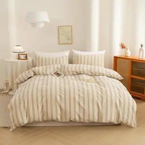 Duvet Cover Full Size - Linen Feel Organic Natural 100% Washed Cotton, Soft Breathable & Durable Bedding Set, Comfy Stripe Design for All Seasons