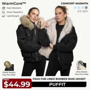 PUFFIT STM-TEX Faux Fur Lined Waterproof Bomber Parka,Elegant and Luxurious, Providing Warmth and Style,Cozy and Fashionable,Y2K Style