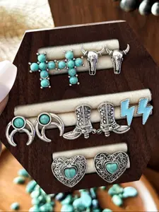 Bohemian Style Turquoise Stud Earrings Set, Ethnic Design Cow Head Boots Shape, 6 Pairs Boho Women Jewelry, Denim Style Accessories, Vibrant Chic