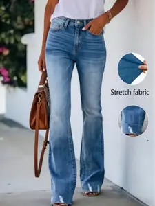 Butt Lifting Flare Jeans for Women Stretchy Bootcut High Waist Curvy Jeans Trendy Bell Bottom Wide Leg Denim Pants with Ripped Holes at Knee and Zipper Button Closure