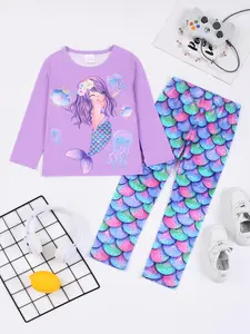 Girls' Mermaid Print Long Sleeve Top & Pants Set, Casual Fitted Home Wear, Pajamas Loungewear, All Seasons Comfortable Sleepwear, Snug Fit Pajamas, Soft Casual Pajamas, 2-Piece