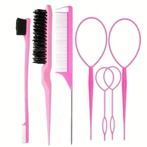 7-Piece Styling Tool Set, Top Ponytail Brush, Hard Bristle Hair Brush, Edge Control Brush, Metal Tail Comb, Salon Hairstylist Tools, Hair Styling Kit, Precision Styling Tools