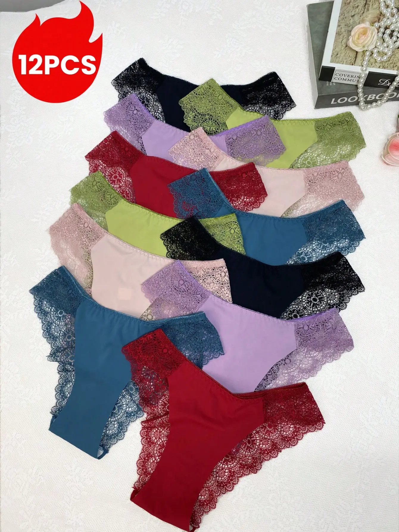 12 Pack Women's Assorted Contrast Lace Panty Set, Sexy Lace Panty with Minimalist Comfort, Spliced Scalloped Lace Soft Breathable No Show Low Rise Underwear for Daily Casual Intimate Lounge Wear