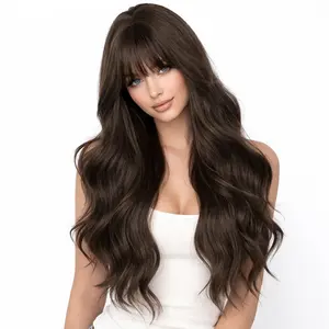 Synthetic Wig Deep Brown Body Wave With Bang No Glue & Heat Resistant For Women Daily Wear Party Look Wedding