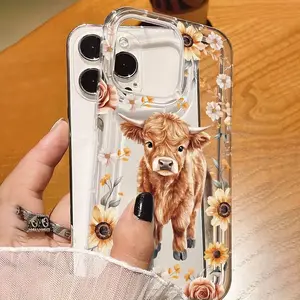 Sunflower Highland Cow Pattern Transparent Phone Case Protector, Decorative Smartphone Protector, Full Protection Protective Shockproof Tpu Cover, Fits iPhone 11/12/13/14/15 Series, Gift for Boyfriend/girlfriend, Accessories