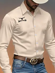 Men's Autumn Casual Long Sleeve Fitted Shirt, Trendy Denim Print Design, Modern Style, Fashionable & Versatile, Comfortable Fit