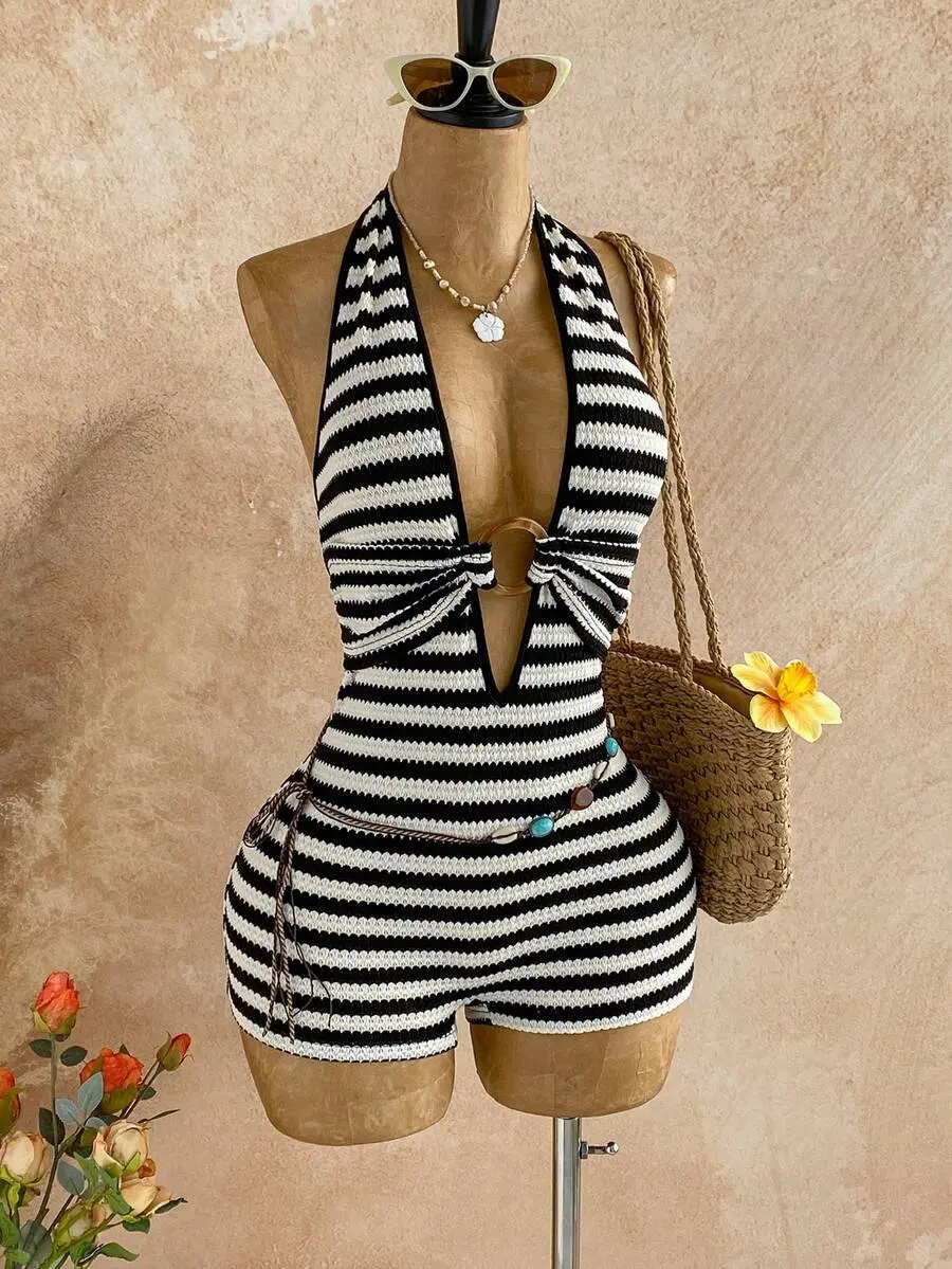 LUNA SWIM Womens White Knit Backless Jumpsuit | Round Ring Decor Sexy Vacation Outfit