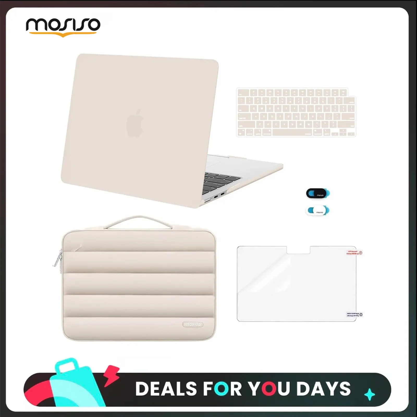 MOSISO Solid Flexible Hard Laptop Case Bundle for 13.6in MacBook Air (2026 M5,2025 M4,2024-2022 M3/M2;A3449,A3240,A3113,A2681) - Anti-Slip Commuting Puffy Bag, Keyboard Cover, Webcam Cover, Screen Protector with Bottom Ventilation for Daily Protection