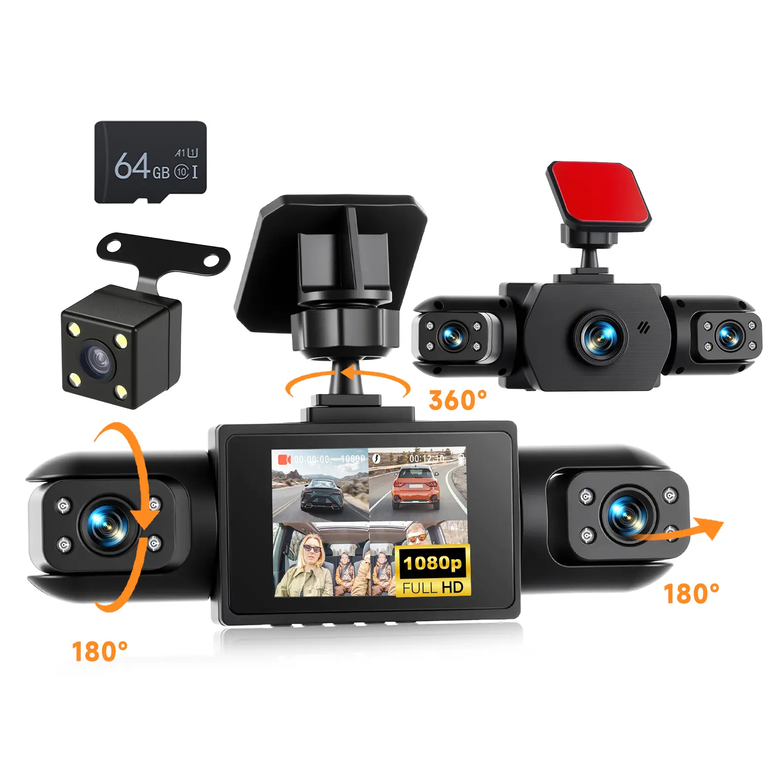 RIMOODY 4-Channel Rotatable Dash Cam - Safe Driving Digital Car Footage Camera with 2-Inch Touch Screen, Front Rear Inside Left Right Coverage, 24/7 Parking Monitoring, Reversing Assistance, Optional 64G TF Card (Father's Day Gift), Rotatable Dashcam