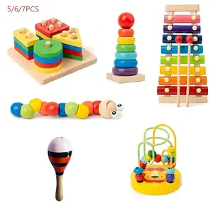 Wooden Montessori Education Toy Set, Colorful Stack Tower, Stacking Game, Octave Bell, Rotating Fun, Music Rattle, Sensory Gift for Kids, Birthday, Christmas, Multi Activity Playset