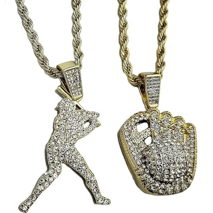 MaxBling81 Unisex Iced Out Baseball Pendant Necklace Set, 2-Piece Gold Plated Alloy with Lab Created Diamond Hitter & Glove Charms, 4mm 24" Rope Chain, Alloy Metal