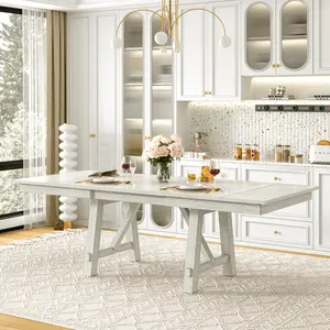 VECELO 66''-93'' Kitchen Large Extendable Solid Rubberwood Dining Table for 6-10 People Modern Expandable Dining Room Table with Metal Legs for Living Room Kitchen