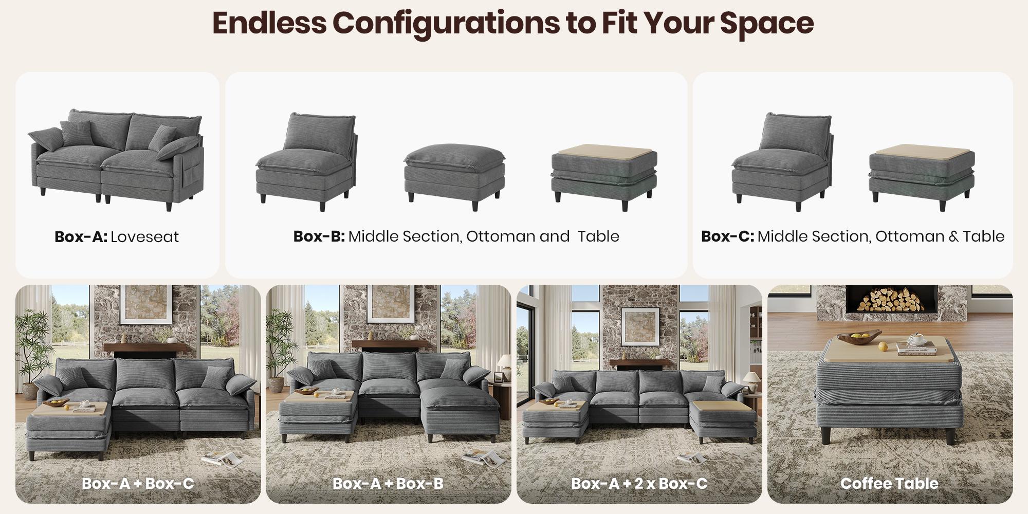 [2-3 Packages Shipping] Copiae 108" -143.7” L/U-Shaped Modular Cloud Sofa, Movable Dual-Function Ottomans Convertible to Coffee Table, Corduroy Sectional Couch with Three-Layer High-Resilience Foam Cushions, Easy Assembly for Apartment