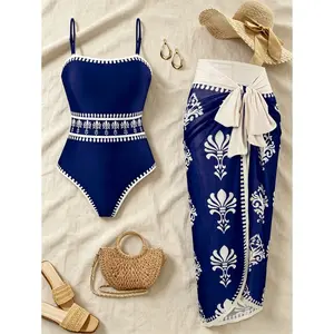 2026 Women's Navy Blue Ornate Print 2-Piece Swimwear Set, Spaghetti Strap One-Piece Swimsuit with Matching High Waist Sarong Wrap Skirt Cover Up, Elegant Beach & Resort Outfit,Summer Vibes