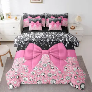 Feelyou 7-Piece Ultra-Soft Microfiber Comforter Set - Pink Bowknot Kawaii Silk Ribbon Diamond Dreamy Princess Style Bedding Sheets Set, Multi-Size Option Including Comforter Queen Size, Bed Sheets Set