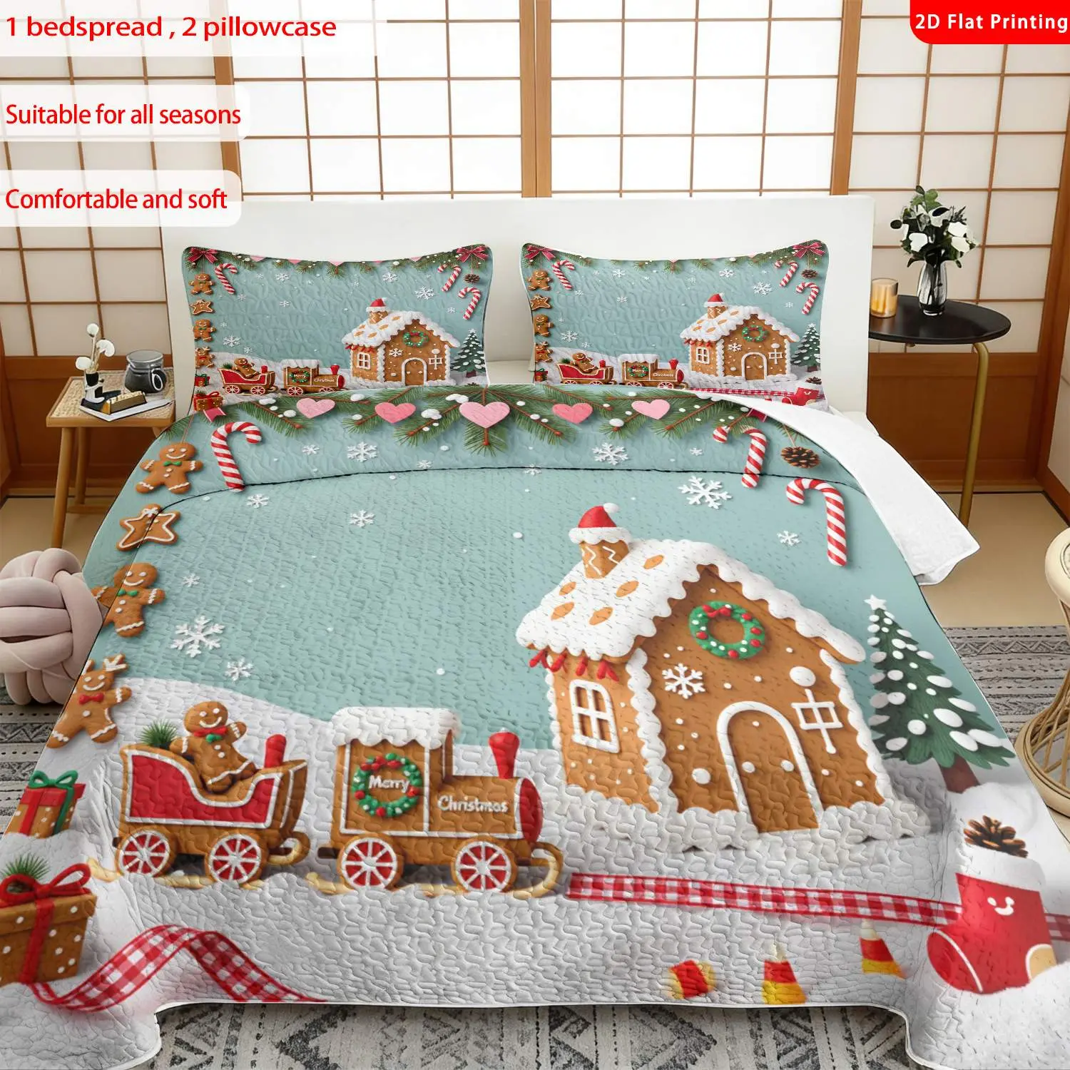 3pcs, 2D flat print Gingerbread House Style Bedspread Set, Christmas Theme, multiple sizes available, bedding set, festive decorative bedding, ideal for bedroom décor(1 bedspread , 2 pillowcase)