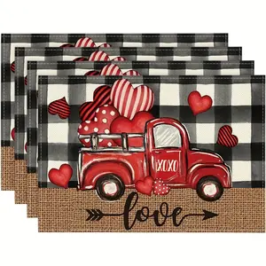 4pcs,Black Red Buffalo Plaid Hearts Truck Love Mother's Day Placemats Set of 4, 12x18 Inch Table Mats for Party Kitchen Dining Decoration