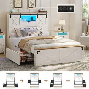 The Farmhouse Bed Frame Twin Size with 2 Storage Drawers, Wooden Platform Twin Bed with LED Lights and Charging Station, Rustic Accent Headboard with Sliding Barn Door Storage Cabinets